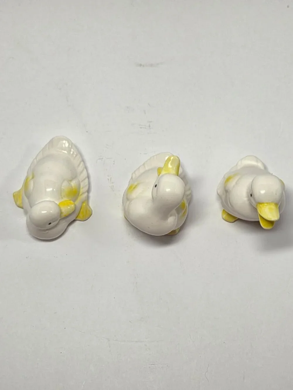 Set of 3 Ceramic Duck Figurines 4in Long 3in Tall White/Yellow Glossy